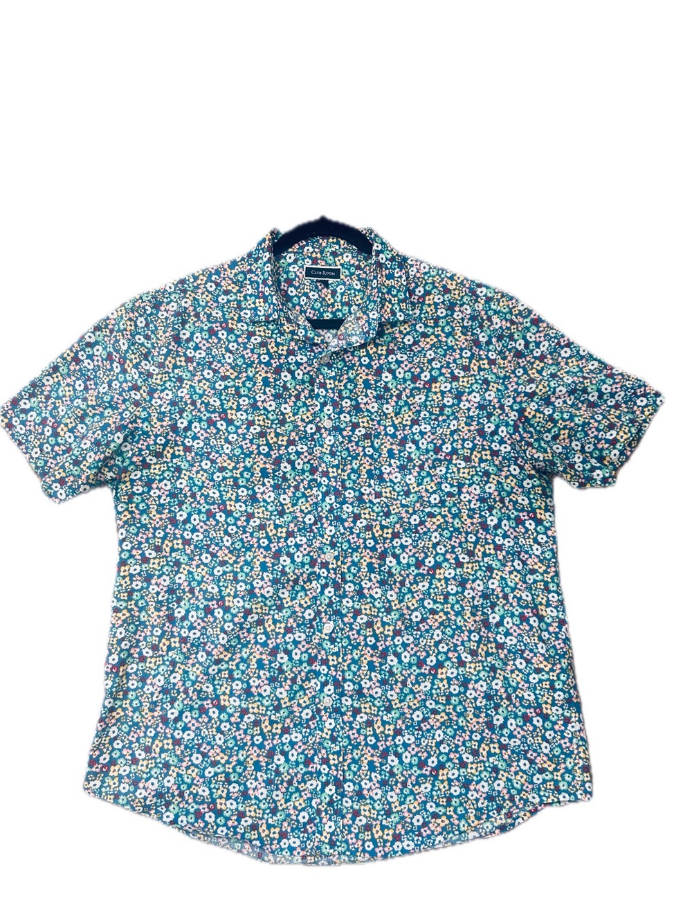 Club Room Teal Blue Floral Short-Sleeve Button-Down Shirt Size L